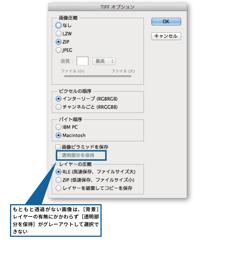 もともと透過画像でない場合、［透明部分を保持］は選択できない