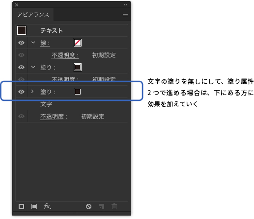 ［文字］の塗りを無しにして、［アピアランス］パネルで塗りを2つ追加しても可